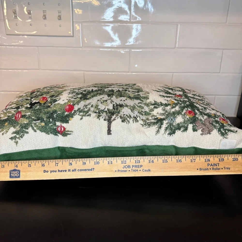 OEKO-TEX Christmas Tree Lumbar Pillow 20x12 Green Red Woven Tapestry Velvet Back